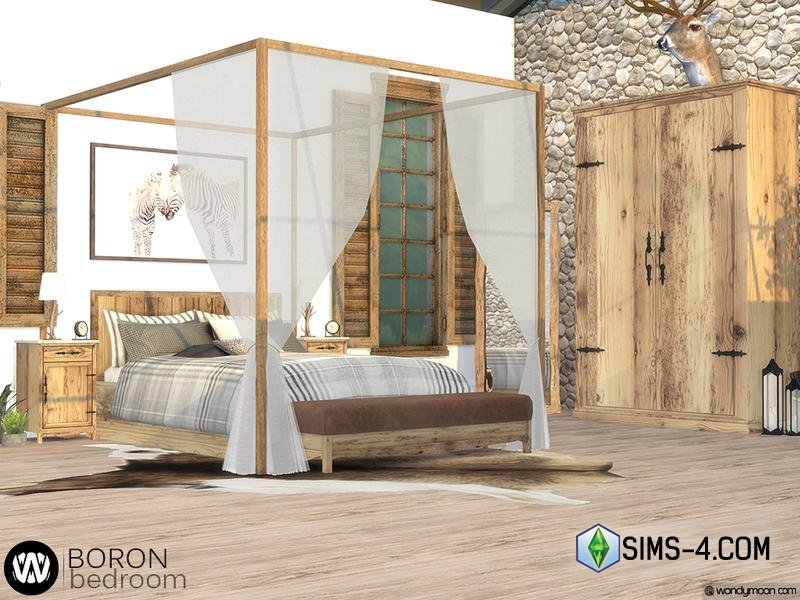 Скачать мод на набор мебели для спальни в деревенском стиле Спальня Борон для Симс 4