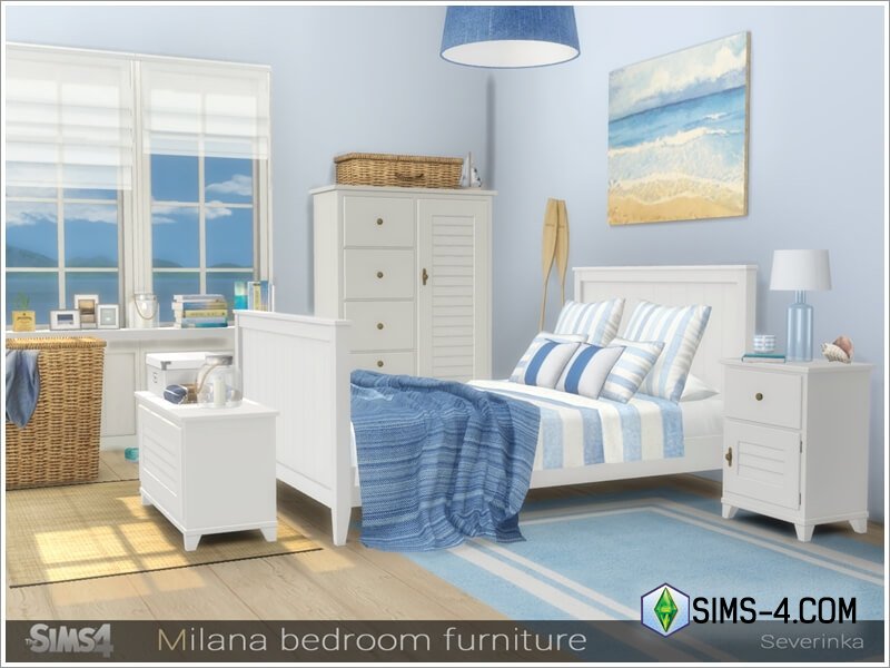 Скачать мод на набор мебели и декора Милана для оформления спальни в морском стиле в Симс 4
