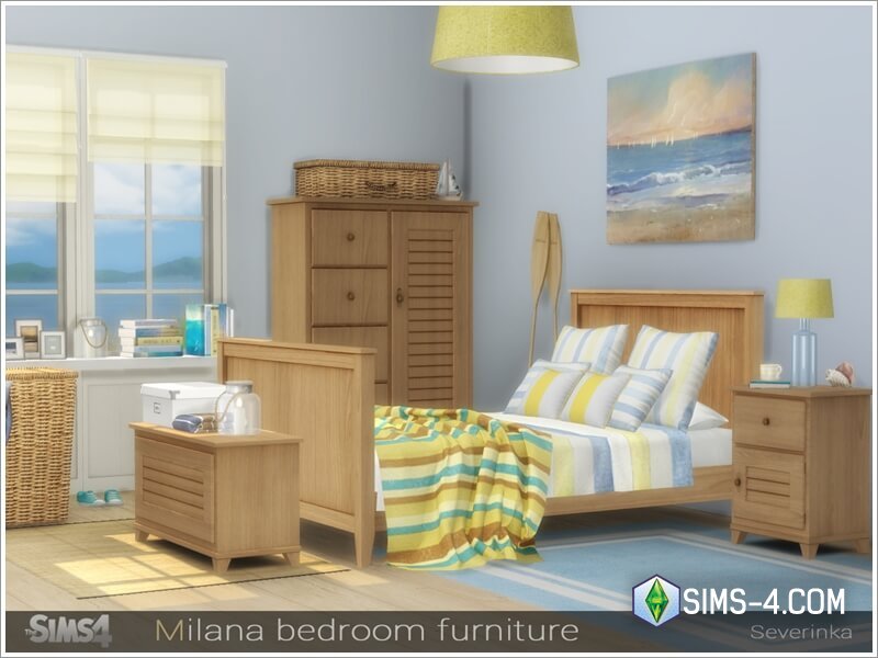 Скачать мод на набор мебели и декора Милана для оформления спальни в морском стиле в Симс 4