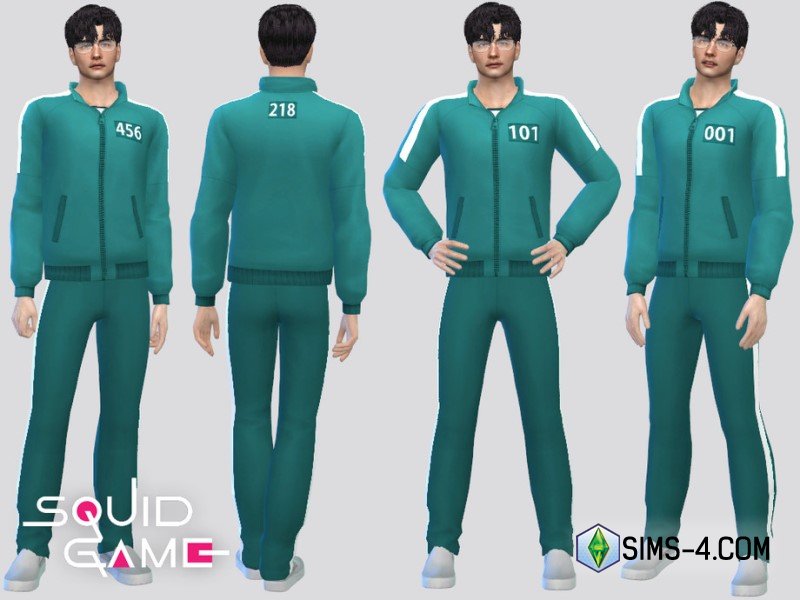 скачать бесплатный мод на одежду Симс 4 костюм Игра в Кальмара – Squid Game в Sims 4, в зеленом цвете и красном цвете, маска охранника