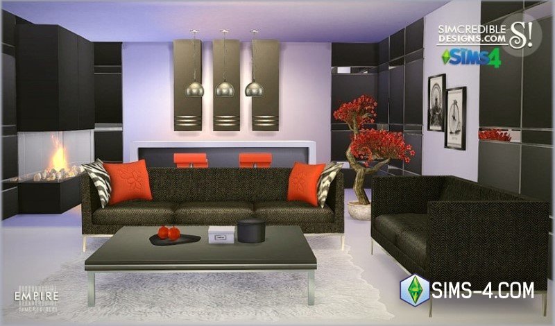 Скачать мод на комплект современной мебели для гостиной в Симс 4 с диваном, шкафом, камином